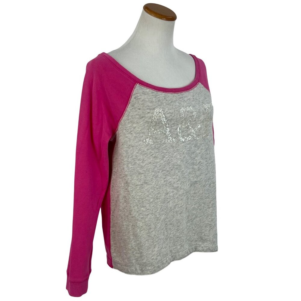 Abercrombie & Fitch Gray & Pink Sequin Logo Slouchy On/Off Shoulder Cozy Sweater - Picture 6 of 11